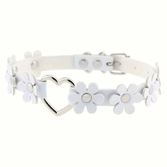 Necklace Leather Choker Collar White Flowers Goth Rave Role Play Fetish Cosplay - Picture 1 of 2